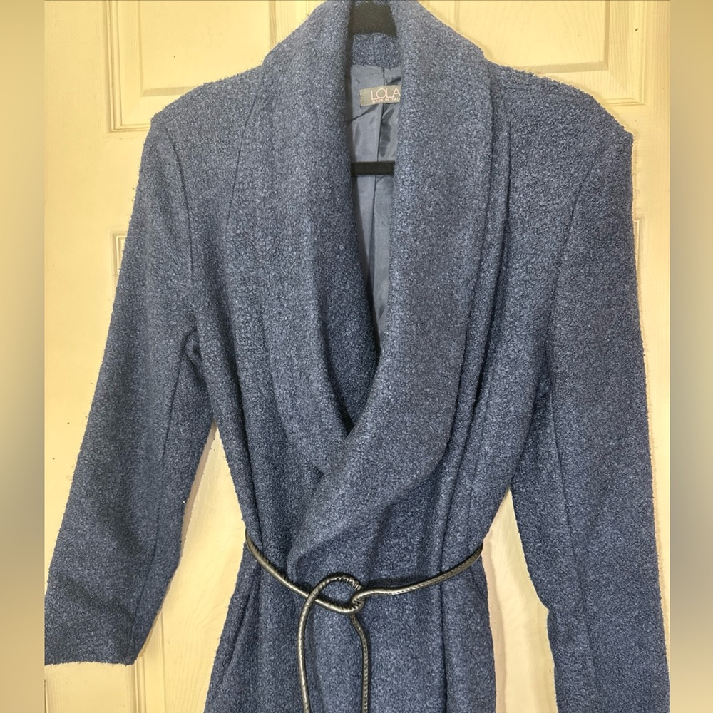 NWOT Women’s Lana Wool Blend Blue Robe Size Small With Leather Belt & Pockets - Picture 3 of 9